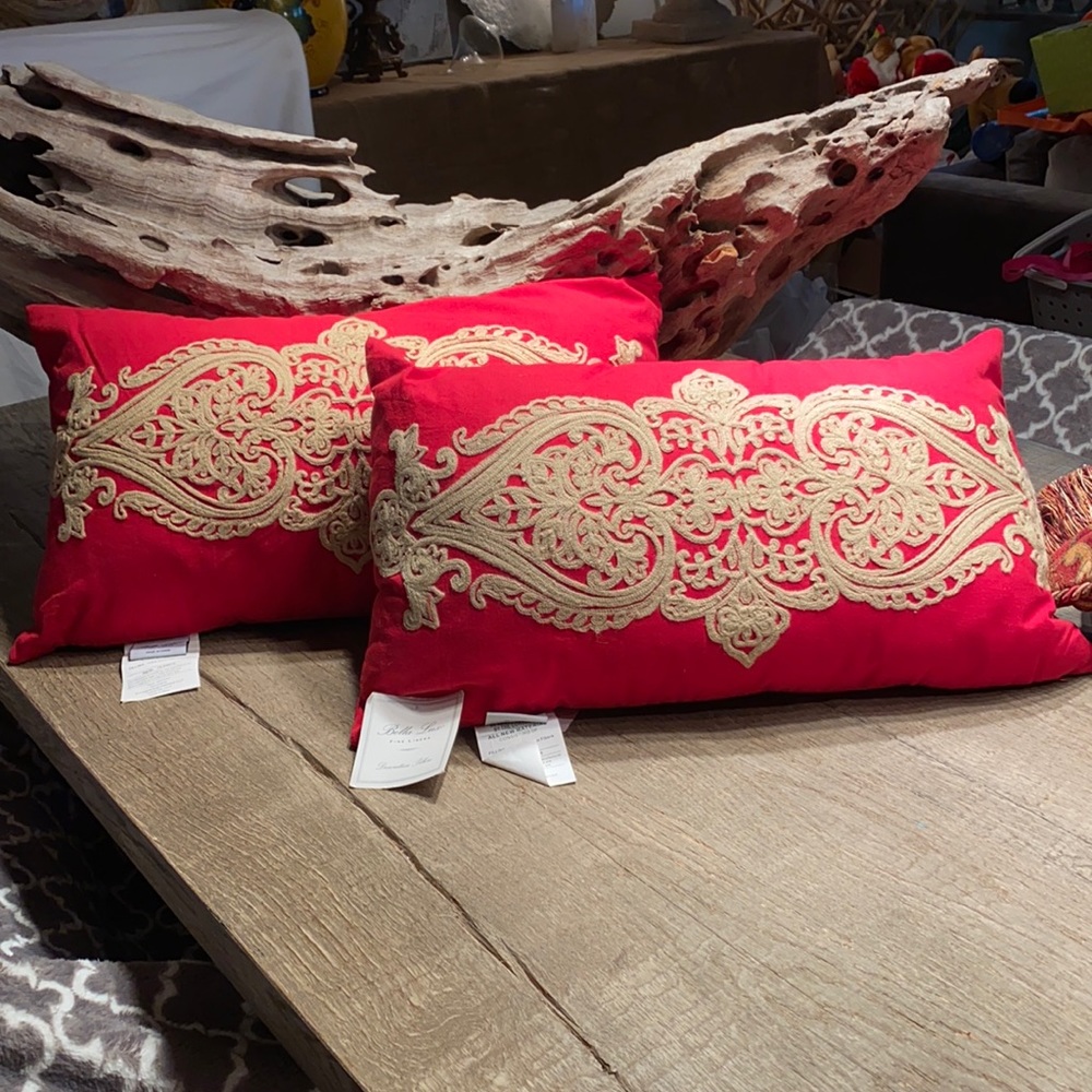 Bella Lux fine linens Red canvas w/ tan embroidery